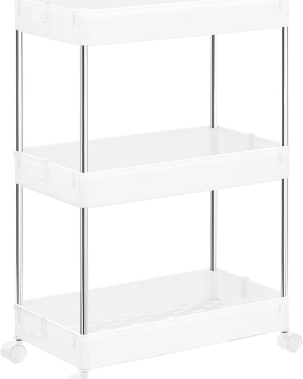 SONGMICS Slim Storage Cart, 3-Tier Rolling Cart, Narrow Utility Cart on Wheels, 6 Hooks, 360° Swivel Wheels, Lockable, Steel Frame, Bathroom, Kitchen, Office, Cloud White UKSC009W01 - LeafyLoom