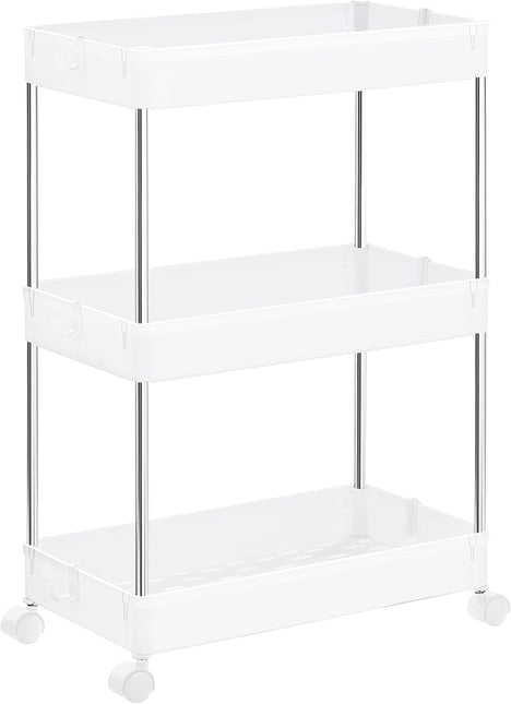 SONGMICS Slim Storage Cart, 3-Tier Rolling Cart, Narrow Utility Cart on Wheels, 6 Hooks, 360° Swivel Wheels, Lockable, Steel Frame, Bathroom, Kitchen, Office, Cloud White UKSC009W01 - LeafyLoom