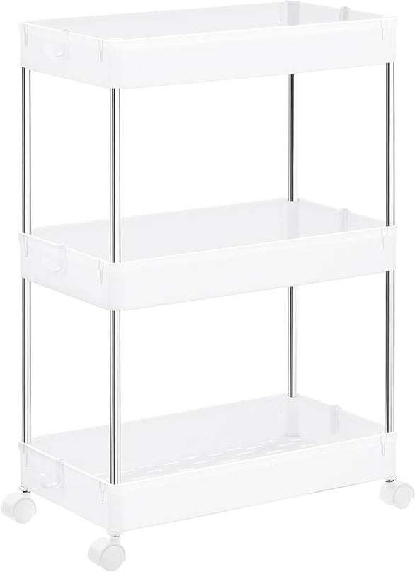 SONGMICS Slim Storage Cart, 3-Tier Rolling Cart, Narrow Utility Cart on Wheels, 6 Hooks, 360° Swivel Wheels, Lockable, Steel Frame, Bathroom, Kitchen, Office, Cloud White UKSC009W01 - LeafyLoom