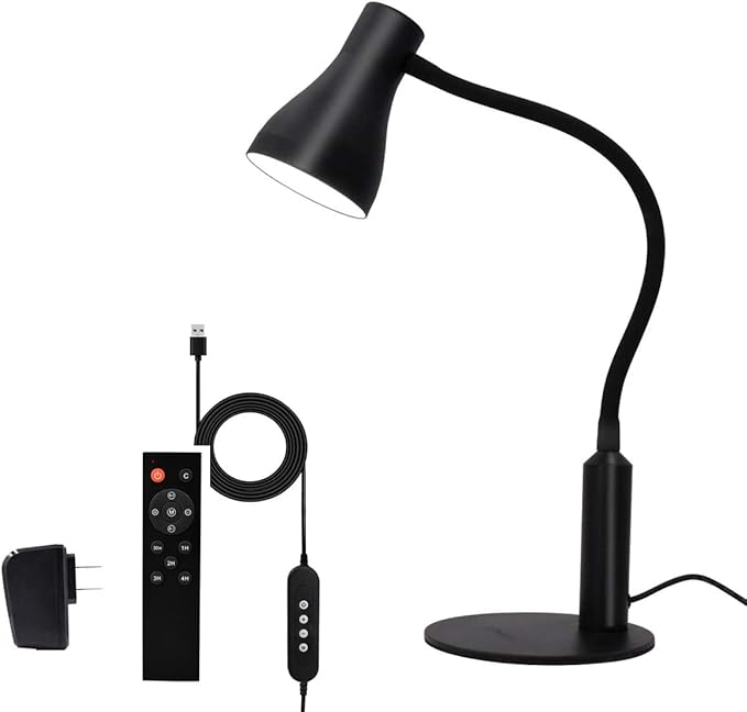 LED Desk Lamp, 3 Lighting Modes and 6 Brightness Levels, 10W Flexible Gooseneck Table Lamp for Living Room and Study, Remote Control with Timing Function, AC Adapter Included (Black) - LeafyLoom