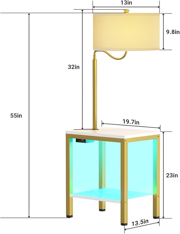 LED Floor Lamp with Table, Side Table with LED Light and Power Outlet, Nightstand with Lamp, End Table with Lamp Attached for Living Room, Bedroom, USB Ports, Bulb Included, White, 2 Pack - LeafyLoom