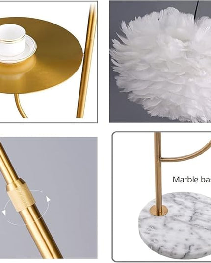 White Feather Floor Lamp with Table,Great Floor Light Height Adjustable (Gold) - LeafyLoom