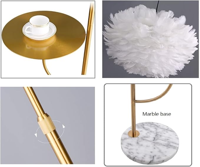 White Feather Floor Lamp with Table,Great Floor Light Height Adjustable (Gold) - LeafyLoom