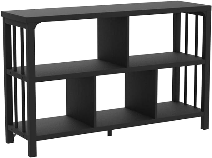 IBF Horizontal Cube Book shelf, Industrial Modern Open Bookshelf, Low Wide Home 5 Cube Storage Organizer Long Shelf for Bedroom, Short Wood and Metal Cubby Book Shelf for Living Room, Black Oak, 47 In - LeafyLoom