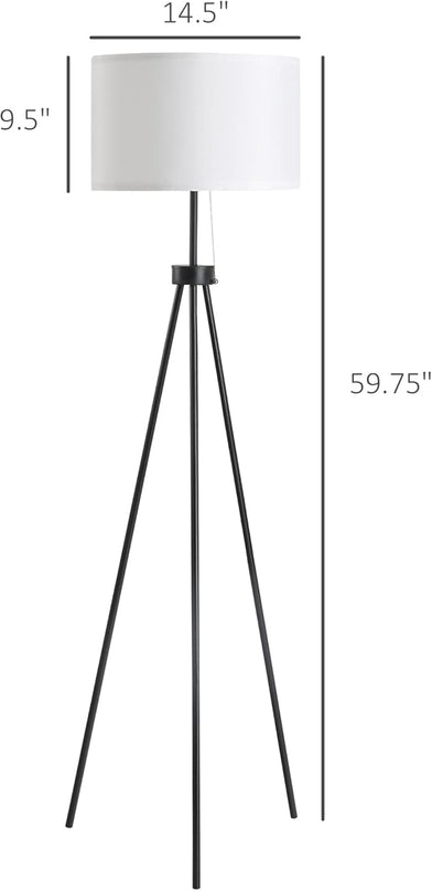 HOMCOM 59.75" Tripod Floor Lamp with Pull Chain Standing, Fabric Lampshade E26 Lamp Holder Steel for Living Room, Bedroom, Office, Black - LeafyLoom