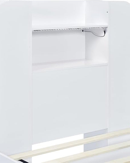 Merax Twin Bed Frame with Shelves and Storage Drawers Underneath,White Twin Size Platform Bed with Headboard and Light - LeafyLoom