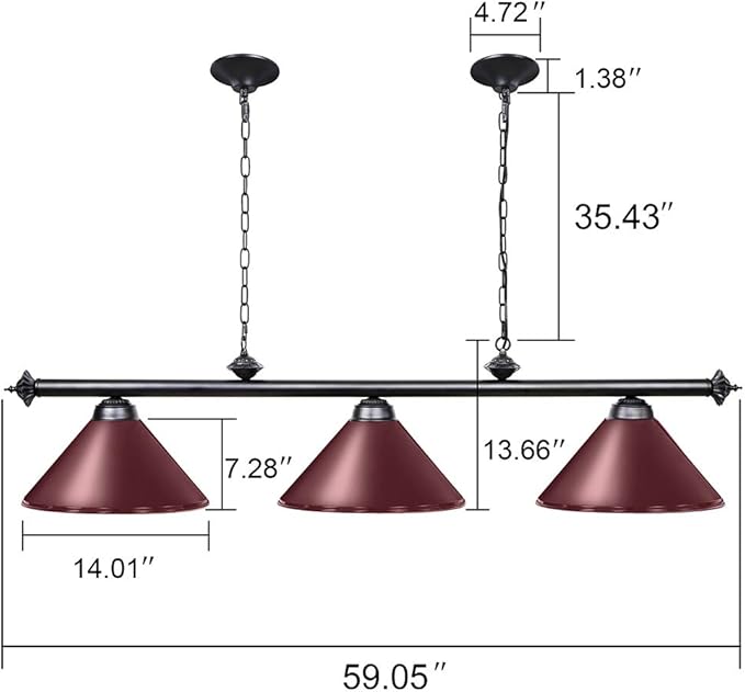 Wellmet Pool Table Lights for 8'/9' Table with 3 Metal Shades, Billiard Lamp for Man Cave, Game Room, Kitchen Island Light for Restaurant Or Dining Room (Burgundy, 59 inch-3 Lights) - LeafyLoom