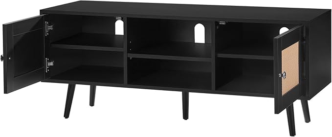 VEVOR Rattan TV Stand, Boho TV Cabinet for 55 inch TV, Mid Century Modern TV Stand, Rattan TV Console with Adjustable Shelfs for Living Room, Media Room, Black - LeafyLoom