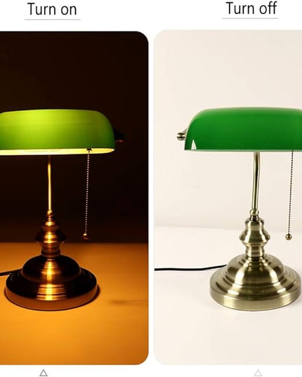 Newrays Glass Bankers Desk Lamp with Pull Chain Switch Plug in Fixture (Green) - LeafyLoom