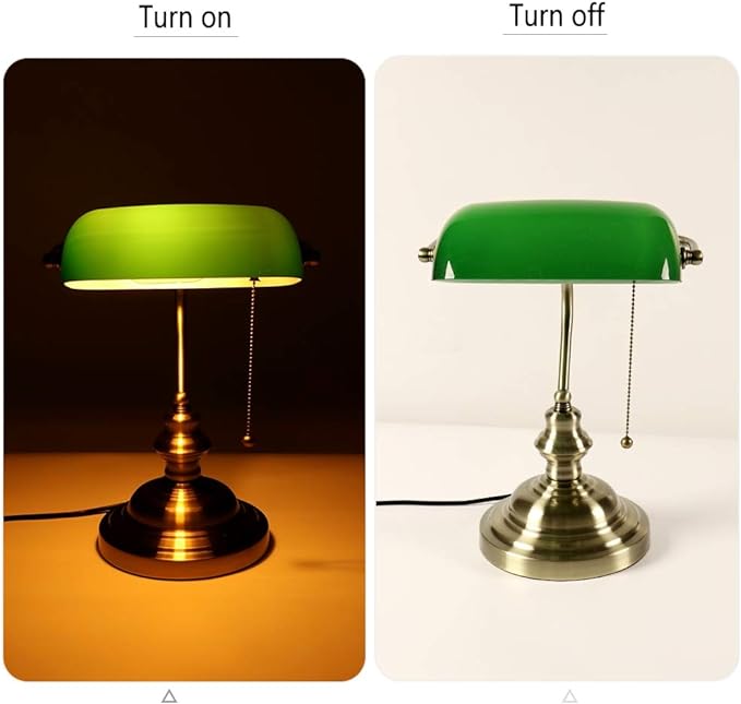 Newrays Glass Bankers Desk Lamp with Pull Chain Switch Plug in Fixture (Green) - LeafyLoom