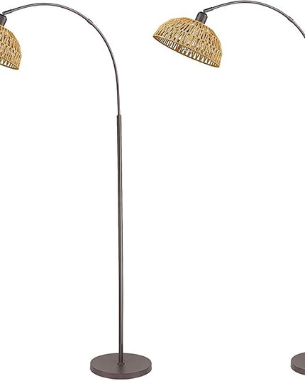 Rattan Floor Lamp, Retro Boho Arc Standing Lamp with Remote Dimmable Farmhouse Bamboo Lamp Shade Floor Light Industrial Tall Lamp with 9W LED Bulb (Oil Rubbed Bronze, 2 PACK) - LeafyLoom