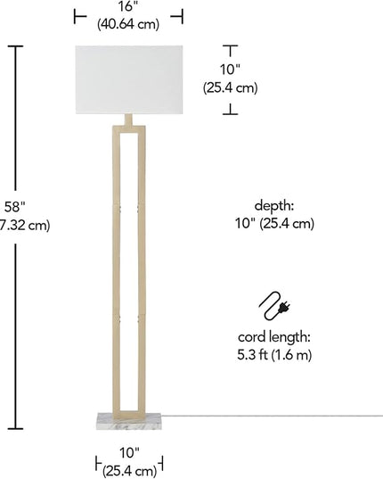 Globe Electric 12273 D'Alessio 58" Floor Lamp, Gold, White Linen Shade, Faux Marble Base, On/Off Socket Rotary Switch, Title 20 LED Bulb Included - LeafyLoom