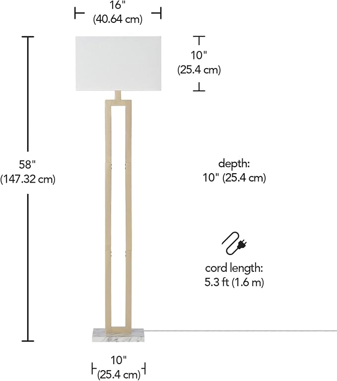 Globe Electric 12273 D'Alessio 58" Floor Lamp, Gold, White Linen Shade, Faux Marble Base, On/Off Socket Rotary Switch, Title 20 LED Bulb Included - LeafyLoom