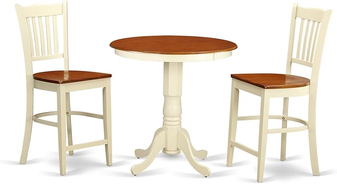 East West Furniture EDGR3-WHI-W Eden 3 Piece Kitchen Counter Set for Small Spaces Contains a Round Room Table with Pedestal and 2 Dining Chairs, 30x30 Inch, Buttermilk & Cherry - LeafyLoom