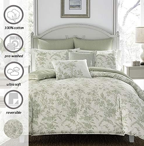 Laura Ashley - Queen Comforter Set, Reversible Cotton Bedding, Includes Matching Shams with Bonus Euro Shams & Throw Pillows (Natalie Sage/Off White, Queen) - LeafyLoom