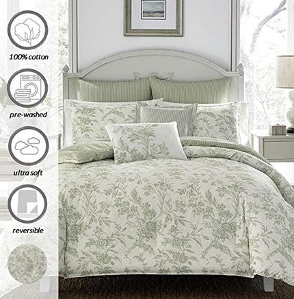 Laura Ashley Home - King Size Comforter Set, Reversible Cotton Bedding, Includes Matching Shams with Bonus Euro Shams & Throw Pillows (Natalie Sage/Off White, King) - LeafyLoom