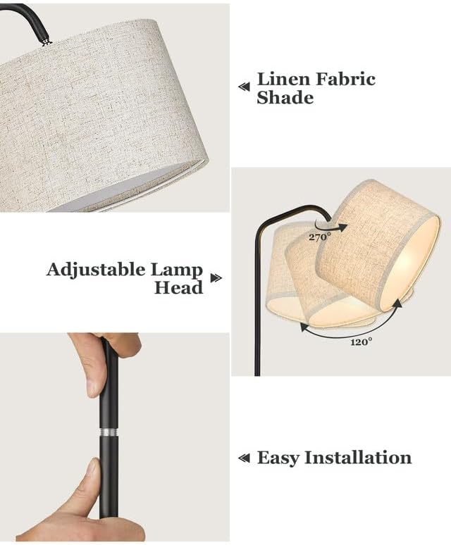 ELYONA Modern Floor Lamp for Living Room, Tall Pole Standing Light with 2 Fabric Shades and 9W LED Bulb, Industrial Reading Light, Adjustable Floor Lamps for Office, Bedrooms, Farmhouse, Black - LeafyLoom