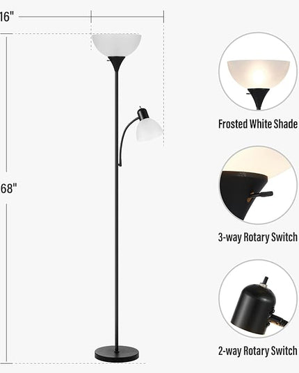 Adjustable Black Floor Lamp with Reading Light Susan Modern Standing Lamp for Living Room/Office Lamp 72" Tall - 150-watt with Side Reading Light Corner Lamp (Black) - LeafyLoom
