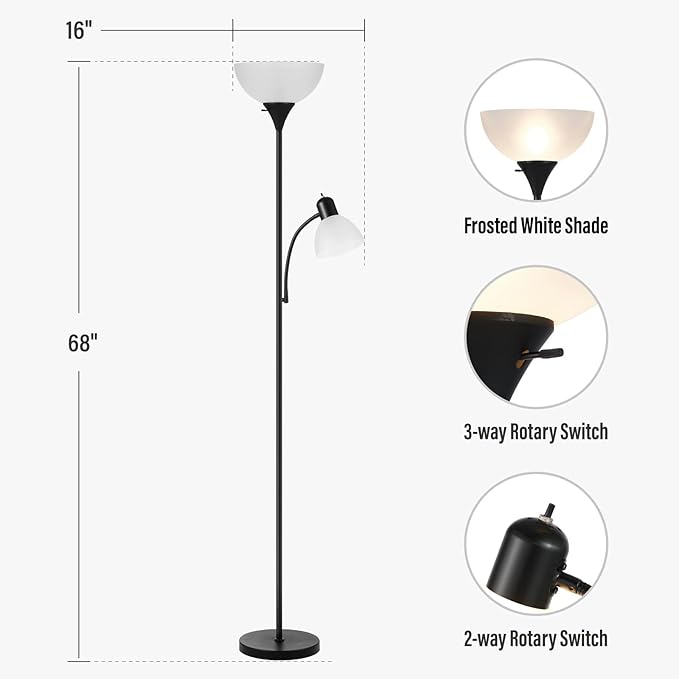 Adjustable Black Floor Lamp with Reading Light Susan Modern Standing Lamp for Living Room/Office Lamp 72" Tall - 150-watt with Side Reading Light Corner Lamp (Black) - LeafyLoom