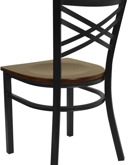 Flash Furniture HERCULES Series Black ''X'' Back Metal Restaurant Chair - Mahogany Wood Seat - LeafyLoom