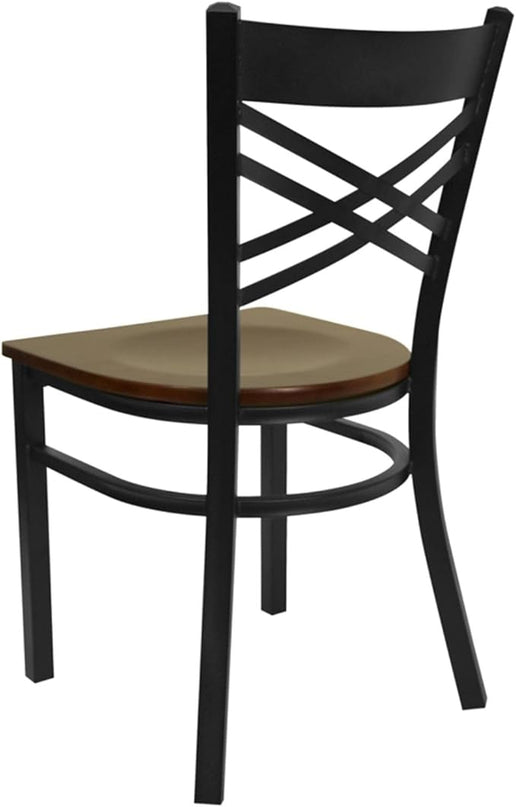 Flash Furniture HERCULES Series Black ''X'' Back Metal Restaurant Chair - Mahogany Wood Seat - LeafyLoom