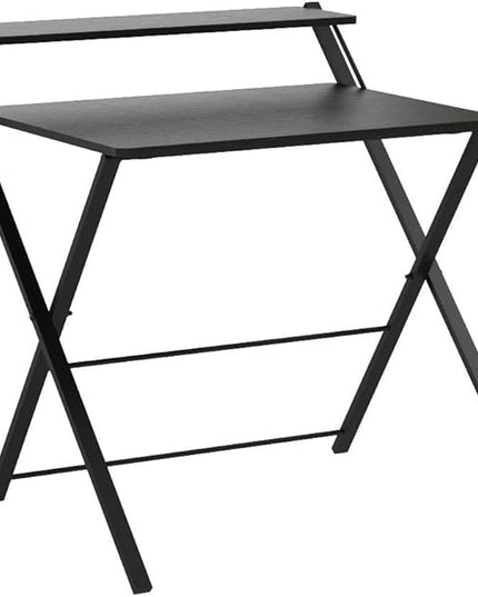 GreenForest Folding Desk No Assembly Required Large Size, 2-Tier Foldable Computer Desk with Shelf for Home Office, Space Saving Portable Laptop Study Foldable Table for Bedroom, Black - LeafyLoom