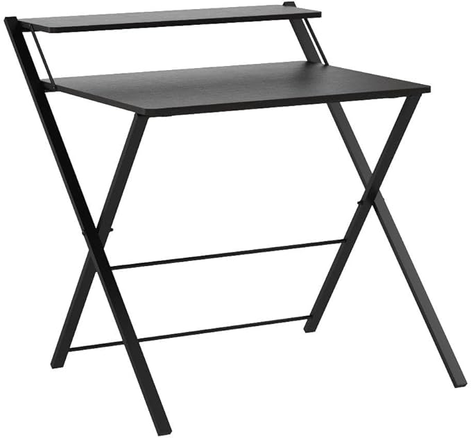 GreenForest Folding Desk No Assembly Required Large Size, 2-Tier Foldable Computer Desk with Shelf for Home Office, Space Saving Portable Laptop Study Foldable Table for Bedroom, Black - LeafyLoom