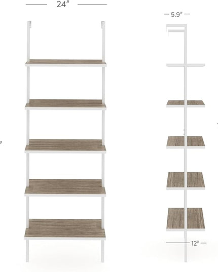 Nathan James Theo 5-Shelf Modern Bookcase, Open Wall Mount Ladder Bookshelf with Industrial Metal Frame, Gray Oak Wood/White - LeafyLoom