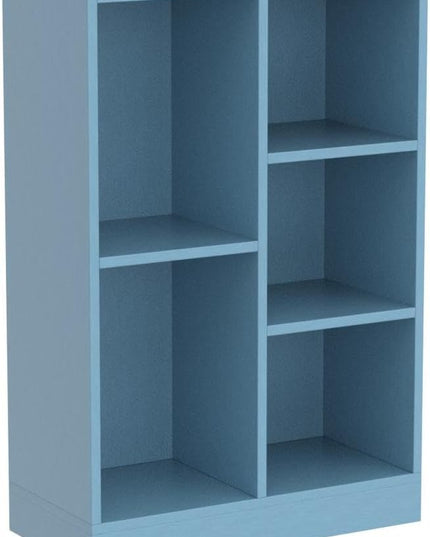 IOTXY Open Shelf Low Bookcase - Wooden 3-Tier Floor Standing Display Cabinet Organizer with Base, 5 Cubes Short Horizontal Bookshelf in Bright Blue - LeafyLoom
