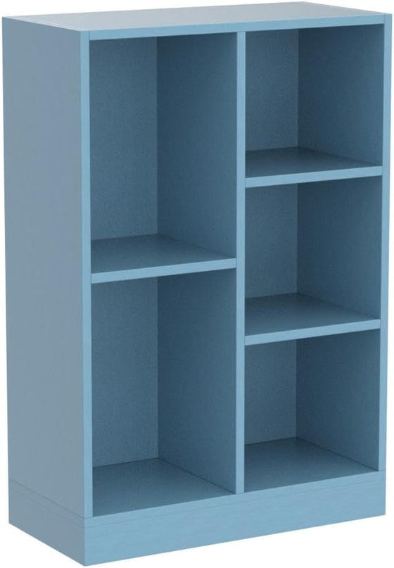 IOTXY Open Shelf Low Bookcase - Wooden 3-Tier Floor Standing Display Cabinet Organizer with Base, 5 Cubes Short Horizontal Bookshelf in Bright Blue - LeafyLoom