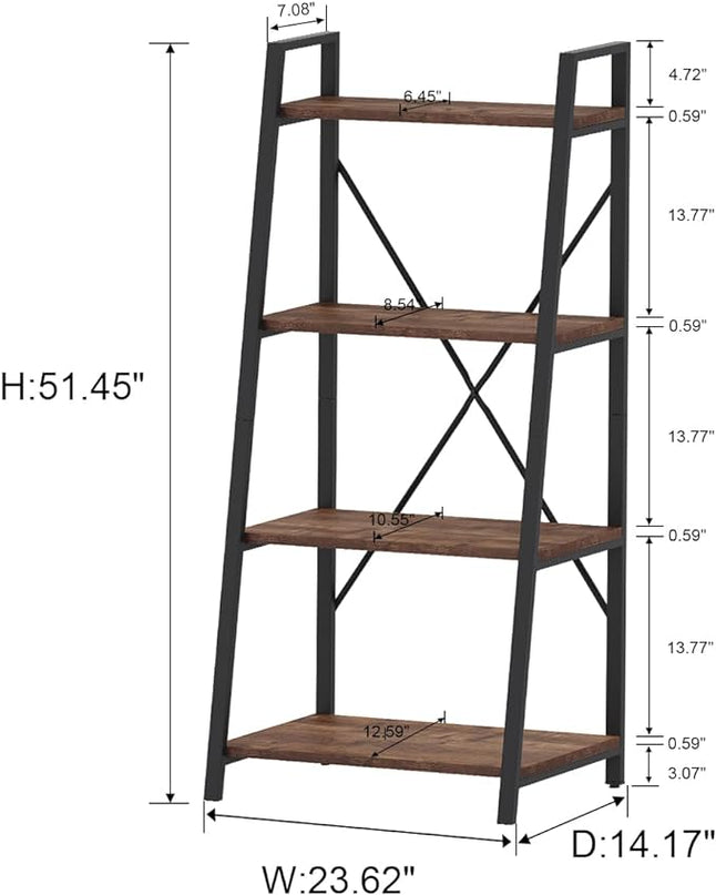 BON AUGURE Industrial Ladder Shelf Bookcase, 4 Tier Rustic Ladder Bookshelf, Standing Leaning Book Shelves for Living Room (Rustic Oak) - LeafyLoom