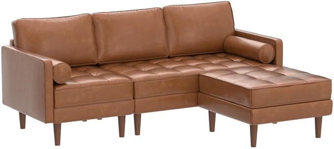 Vonanda Sectional Couch Sofa, L Shaped Couch Leather Sofa with Reversible Chaise and Bolster Pillows, Faux Leather Couch Small Couches for Living Room, Apartment and Small Space, Caramel - LeafyLoom