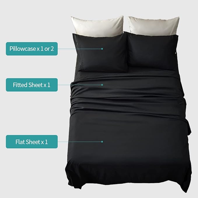 Bed Sheet Set - Brushed Microfiber Bedding - Wrinkle, Fade-Hotel Sheet- Deep Pockets - Easy Fit - Breathable & Cooling Sheets- 4 Piece(Queen,Black) - LeafyLoom
