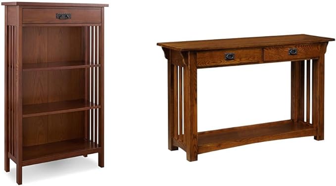 Leick Home 82262 Mission Mantel Height Bookcase with Slatted Sides and Top Drawer, Made with Wood & 8233 Mission Impeccable Two Drawer Hall Console Table with Shelf, 48 in x 16 in x 30 in - LeafyLoom