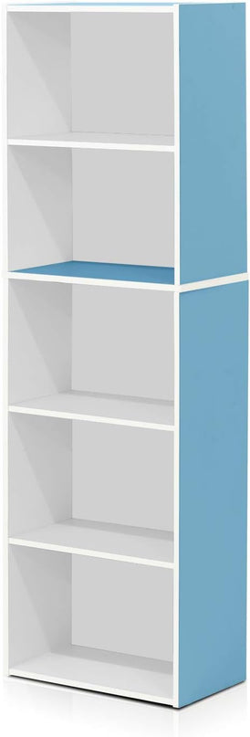 Furinno Luder Bookcase / Book / Storage , 5-Tier, White / Light Blue - LeafyLoom