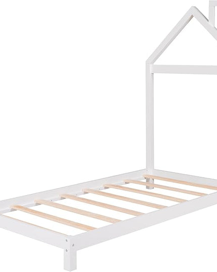 Twin Bed Frame/Kids Bed Frames with Headboard and Slats, Wood Platform Bed with House Shaped Headboard, Twin Size Bed for Kids, Boys, Girls, No Box Spring Needed(White) - LeafyLoom