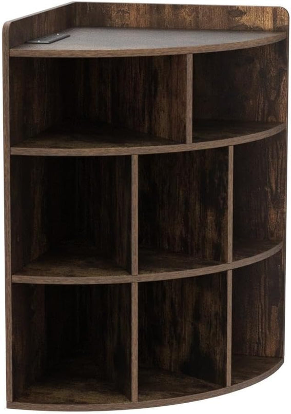 Vecelo Corner Cabinet with Charging Station, 3-Tier Cube Storage Organizer with USB Ports and Outlets, Triangle Bookcases with 8 Cubbies for Playroom, Bedroom, Living Room, Brown - LeafyLoom