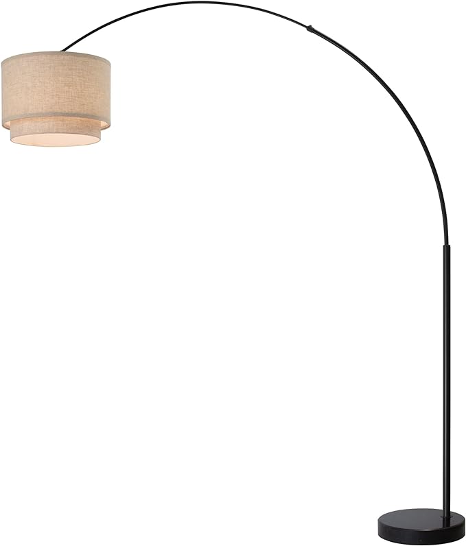 Modern 81" Tall Dimmable REMOTE CONTROL Standing Arc Floor Lamps with for Living Room - Corner Light Arching Lamp with Beige Double Shade and Marble Base - LeafyLoom