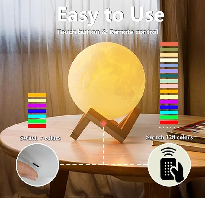 CPLA Moon Lamp for Adults Kids, Moon Night Light LED 3D Printing Moon Light with Stand & Remote/Touch Control and USB Rechargeable 7.1 inch (Large Size) - LeafyLoom