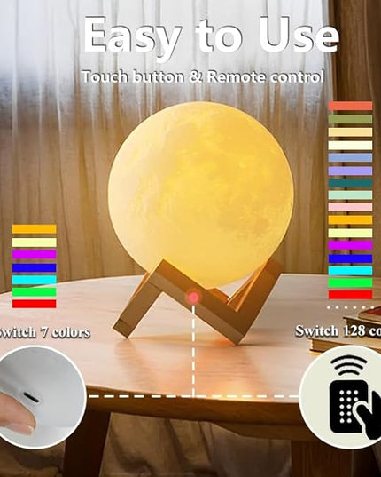 CPLA 6.1 inch Moon Lamp 2024 Upgrade 128 Colors Room Decor Home Decor- 3D Printing Moon Night Light for Kids Adults- Gifts for Girls Boys Men Women Birthday- Wooden Stand & Remote/Touch Control - LeafyLoom
