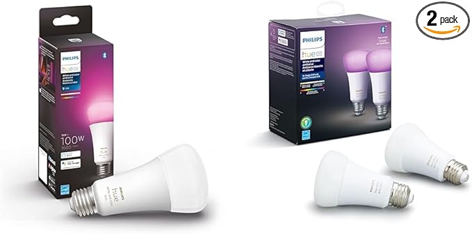 Philips Hue Smart 100W A21 LED Bulb - White and Color Ambiance Color-Changing Light - 1 Pack & Smart 60W A19 LED Bulb - White and Color Ambiance Color-Changing Light - 2 Pack Philips+Hue