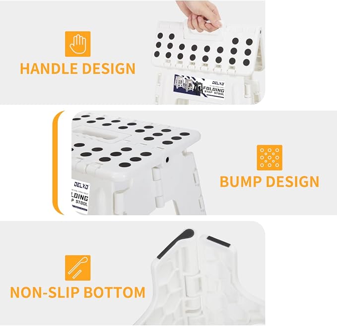 Delxo 16” Folding Step Stool in White,1 Pack Premium Heavy Duty Foldable Foot Stool for Adults,Portable Collapsible Plastic Step Stool,Non Slip Folding Stools for Kitchen Bathroom Bedroom Up to 400LBS - LeafyLoom