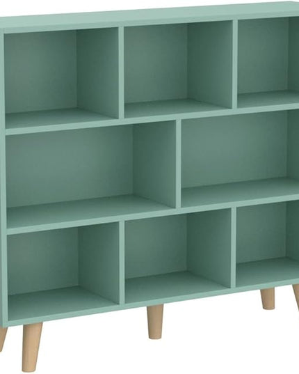 IOTXY Wooden Open Shelf Bookcase - 3-Tier Floor Standing Display Cabinet Rack with Legs, 8 Cubes Bookshelf, Tiffany-Green - LeafyLoom