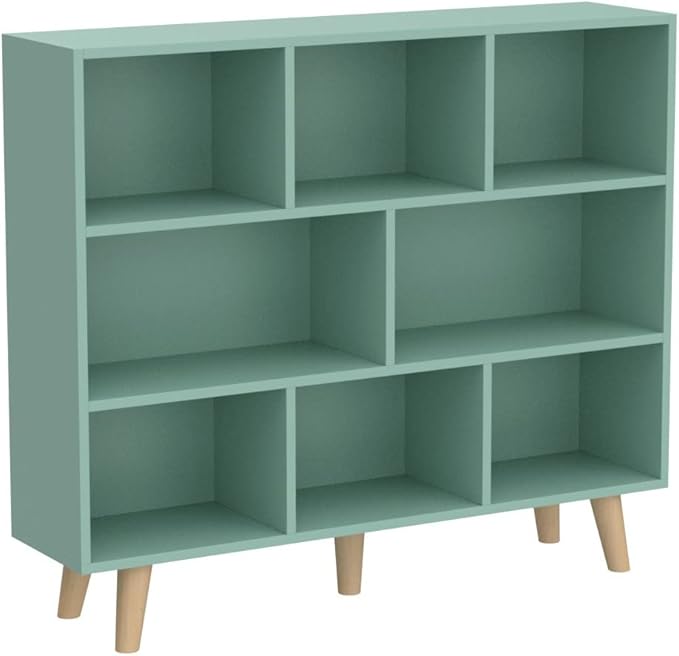 IOTXY Wooden Open Shelf Bookcase - 3-Tier Floor Standing Display Cabinet Rack with Legs, 8 Cubes Bookshelf, Tiffany-Green - LeafyLoom