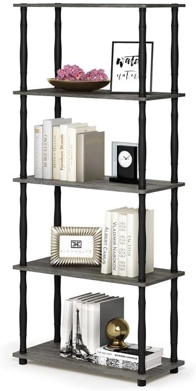 Furinno Turn-N-Tube 5-Tier Multipurpose Shelf Display Rack with Classic Tubes, French Oak Grey/Black - LeafyLoom