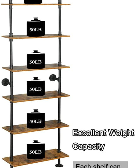 Industrial Pipe Shelving, 6-Tier Pipe Shelves Ladder Shelf, Modern Bookcase Wall Mount Bookshelf with Metal Frame, Book Shelves Wall Decor Wood Shelves for Home, Living Room, Office(23.6x9.8x78.8) - LeafyLoom