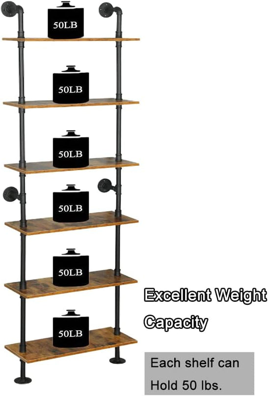 Industrial Pipe Shelving, 6-Tier Pipe Shelves Ladder Shelf, Modern Bookcase Wall Mount Bookshelf with Metal Frame, Book Shelves Wall Decor Wood Shelves for Home, Living Room, Office(23.6x9.8x78.8) - LeafyLoom