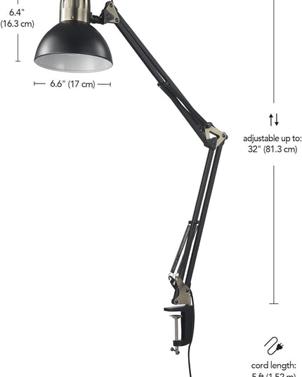 Globe Electric 62000009 32" Multi-Joint Desk Lamp with Metal Clamp, Matte Black, Antique Brass Accents, On/Off Rotary Switch on Shade, Partially Adjustable Swing Arm, Home Décor, Office Accessory - LeafyLoom