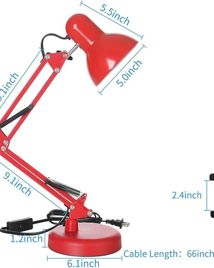 Led Desk Lamp with Clamp - Swing Arm Desk Lamp with 5 LED Cold Light Bulbs 6500K - Folding Table Lamp，Used for Office, Work, Study, Dormitory Reading and Eye Protection Desk Lamp (Red-5) - LeafyLoom