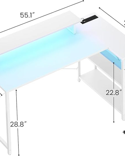 Homieasy L Shaped Gaming Desk with Power Outlet & LED Light, 55 Inch Computer Desk with Storage Shelves, Reversible Corner Desk with Monitor Stand Headset Hooks for Home Office, White - LeafyLoom